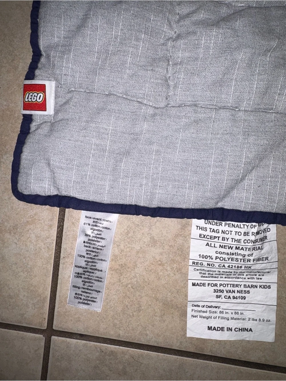 Pottery Barn Kids Lego Grey Quilt with Green Dinosaur and Multicolor Brick